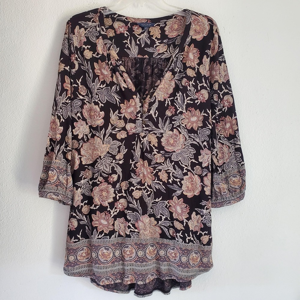 Lucky Brand Shirt Womens 1X Black Floral Boho‎ Tunic Paisley Border Print